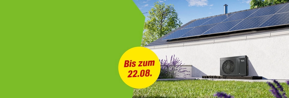Bis zum 22.08. - Haus mit Solaranlage auf dem Dach und Wärmepumpe im Garten.
